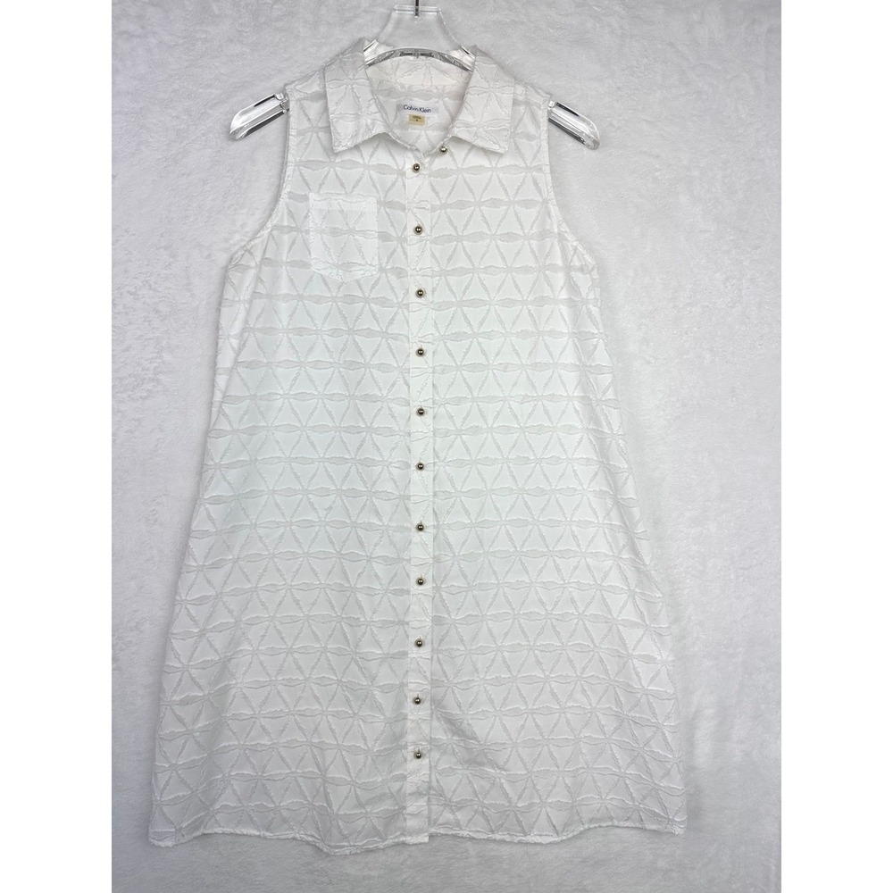 Calvin Klein Sleeveless Collared Geometric Textured Shirt Dress White 8 Coverup
